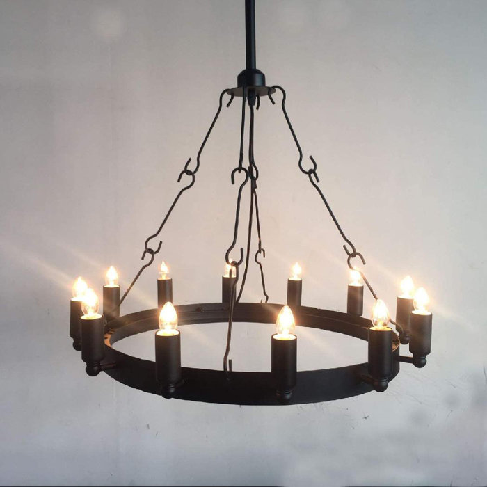Gracie Oaks 12 Lights Black Wrought Iron Chandelier Industrial Vintage